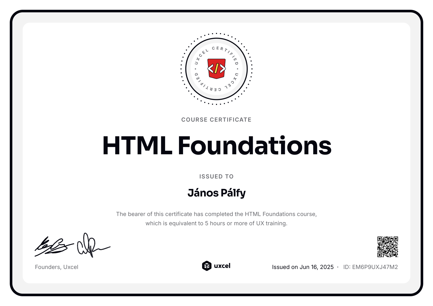 János Pálfy's certificate